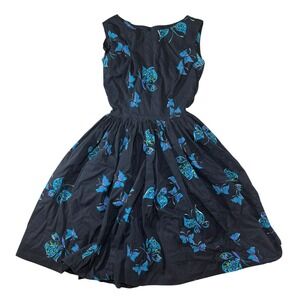 Handmade 1960s Butterfly Dress Womens S Black Blue Vintage Fit and Flare Talon